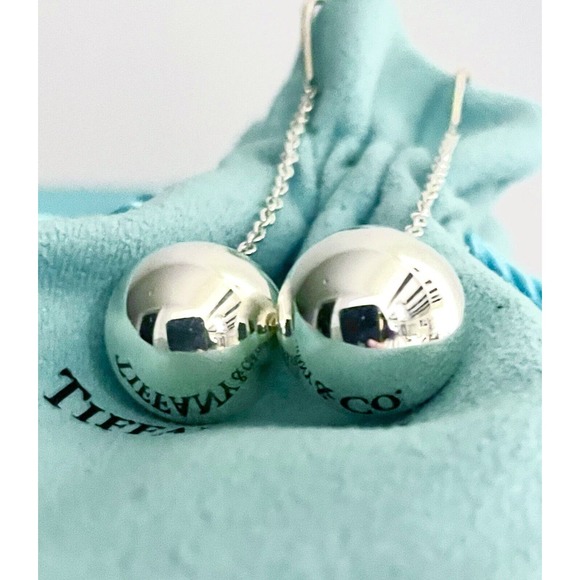 RARE Tiffany & Co. Sterling Silver 925 Hardware LG 14mm Bead Ball Hook Earrings - Picture 1 of 13